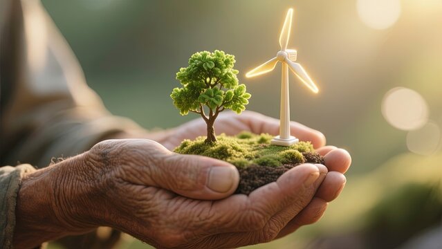 Close-up of a small piece of land with a miniature green tree and a glowing wind turbine, emits warm golden light, symbolizing clean renewable energy and environmental sustainability. - Powered by Adobe
