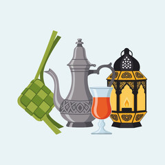 Eid al fitr celebration with ketupat, arabic teapot, drink and lantern. Festive design.