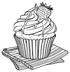Strawberry cupcake line art illustration
