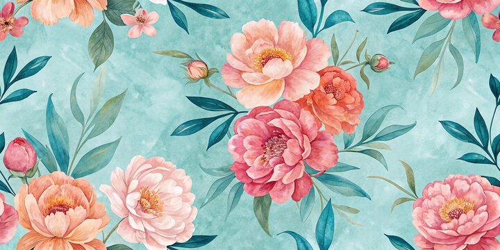 Watercolor hand-painted floral pattern with pink peonies on blue - Powered by Adobe