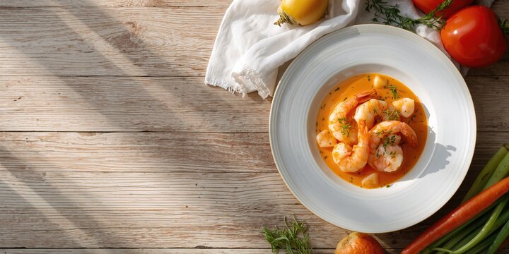 Cream shrimp served on a plate, emphasizing seafood presentation for culinary display