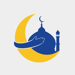 Ramadan kareem vector illustration with mosque, crescent moon and hands praying to god.