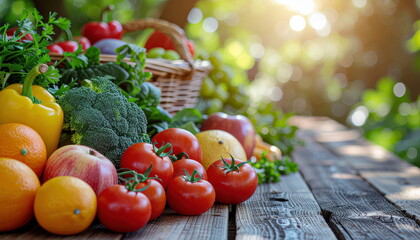 A fresh harvest of colorful fruits and vegetables displayed on a rustic wooden table