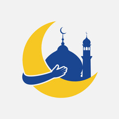 Crescent moon with mosque silhouette and hand. Islamic symbol for ramadan kareem concept.