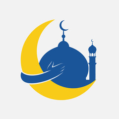 Ramadan kareem vector illustration with mosque, crescent moon and praying hands.