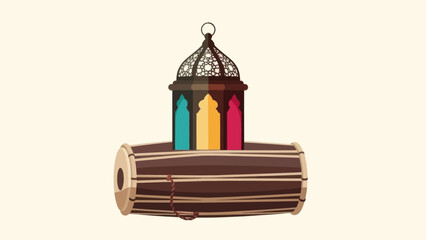 Eid mubarak design with lantern and drum. Islamic holiday background and celebration.