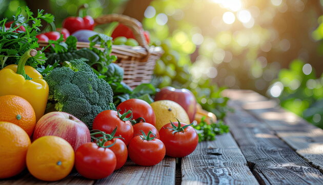 A fresh harvest of colorful fruits and vegetables displayed on a rustic wooden table