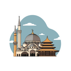 Mosque and temple vector illustration, showcasing cultural diversity and religious architecture.