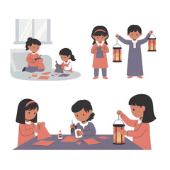 Kids crafting paper lanterns for ramadan celebration, cutting, gluing, and holding lanterns.
