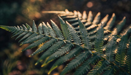Close up of a green fern frond with dew drops illuminated by soft golden sunlight in a forest