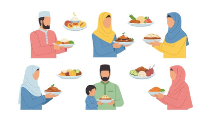 Muslim people holding plates with traditional food. Celebrating ramadan kareem. Vector.
