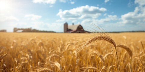 Obraz premium Golden wheat and barley grass meadow on a sunny day, serving as a background for agricultural layout design