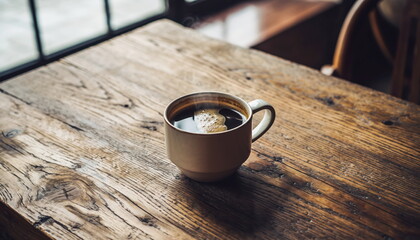 A steaming mug of black coffee sits on a rustic wooden table near a window