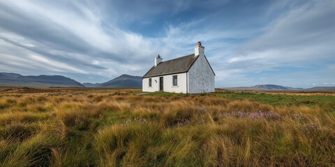 Obraz premium Black Rock Cottage under autumn sky with mountain landscape, emphasizing seasonal change and natural setting