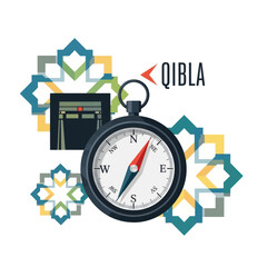 Qibla direction compass with kaaba and islamic pattern. Muslim prayer orientation concept.