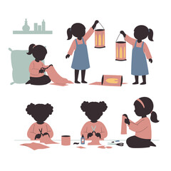 Girls making paper lanterns. Kids cutting paper and making crafts. Childhood creativity concept.