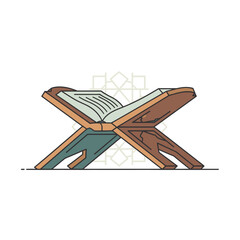 Open quran book on a wooden stand, a sacred text in islam, vector illustration.
