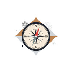 Retro compass illustration with direction indicator, north, south, east, and west points.