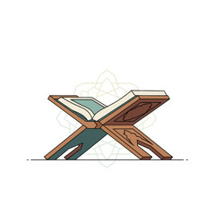 Quran book on a wooden stand with an islamic pattern, symbolizing faith and tradition.