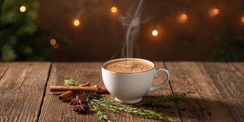 Masala tea chai latte in porcelain cup on wooden table, highlighting traditional Indian hot beverage with spices and herbs, festive holiday setting, Christmas style