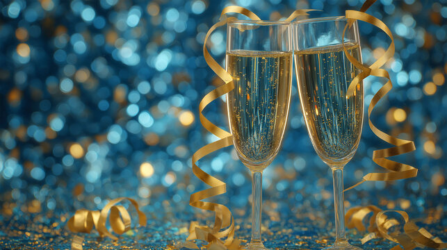 Two champagne flutes clink in a celebratory toast, golden ribbons swirling amidst a sparkling background, capturing the essence of a joyous moment.