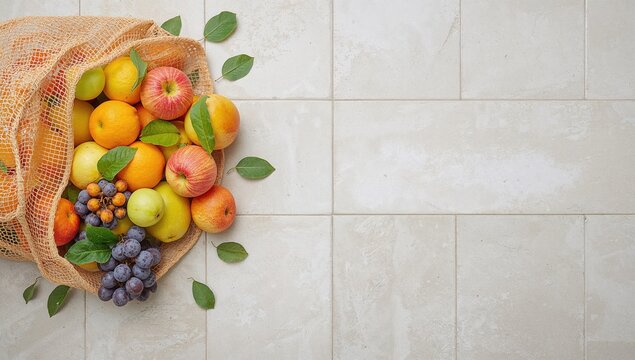 Assorted fresh fruits in an eco-friendly bag on a tiled floor, emphasizing nutrient-rich and vitamin-packed snacks, World Food Day - Powered by Adobe