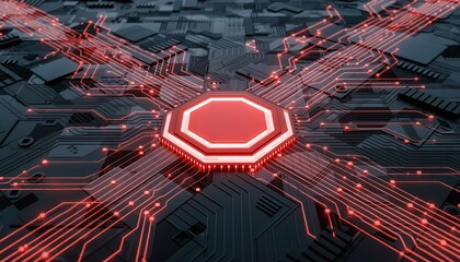 Futuristic Octagonal Processor Core with Glowing Red Circuits.
