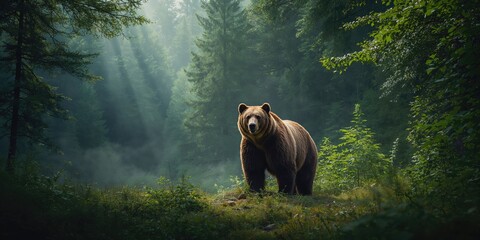 Obraz premium Lone grey wolf with dramatic lighting in Quebec forest, emphasizing predator focus