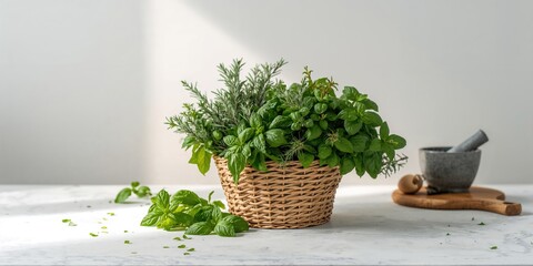 Basket full of fresh herbs on white background, suitable for culinary preparation and kitchen organization