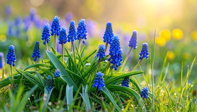 Grape Hyacinths blooming in a sunny field. - Powered by Adobe