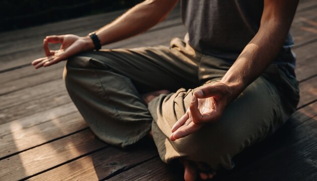 Person meditating in lotus position with hands in Gyan Mudra on wooden deck - Powered by Adobe