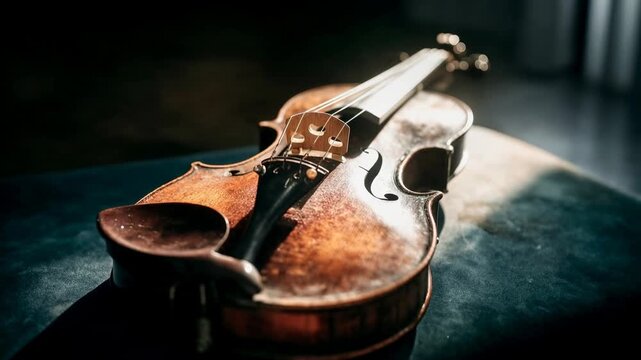 Close view of a wooden violin on a table with soft reflections rich patina and gentle light focusing on musical craftsmanship artistic practice nostalgia and intimate performance