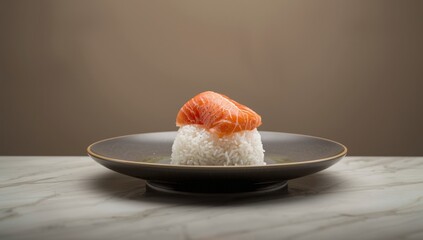 Sashimi with raw salmon slices served over rice in a restaurant setting, emphasizing healthy seafood options
