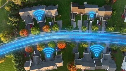 Aerial top-down view of American homes with glowing fiber optic lines and Wi-Fi symbols showing high-speed internet