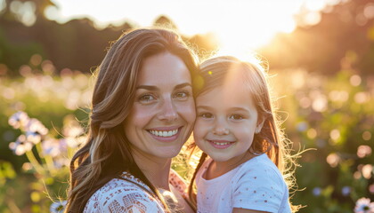 Smiling mother and daughter embrace in a sunlit meadow with wildflowers