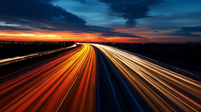 Dynamic light trails streak across the highway at dusk under a vibrant sunset, symbolizing speed, travel, and modern transportation