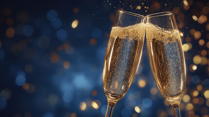 Elegant champagne flutes clink together in a celebratory toast, bubbles effervescing against a bokeh of warm, golden lights, capturing moments of joy and celebration.