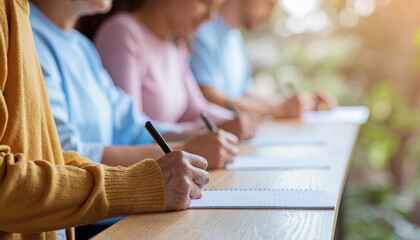 Multiple people sitting at a table writing in notebooks with pens outdoors bokeh background