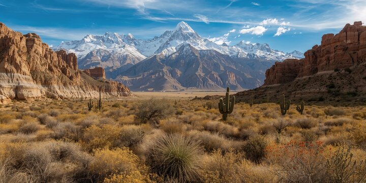 Colorful desert landscape with cacti and mountain scenery in the Argentine north sky, emphasizing natural beauty and seasonal change