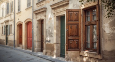 Fototapeta premium Old wooden windows with intricate carved details, serving as a historical building facade, preservation awareness day