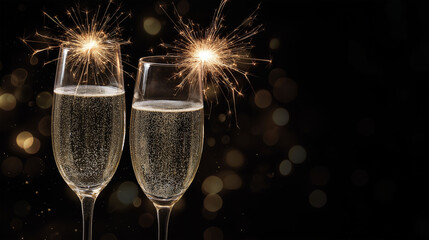 A celebration of festive cheer: Two champagne glasses shimmer with bubbles, accompanied by the sparkle of pyrotechnic display, all against a dark background, evoking a sense of celebration and joy.