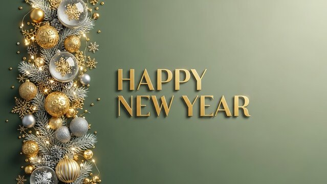 Happy new year greeting with ornaments and lights on a green background for festive celebration