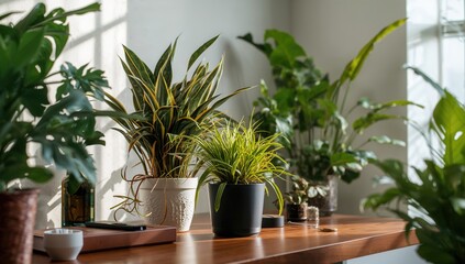 Potted plants arranged on a desk, adding a touch of nature to the workspace