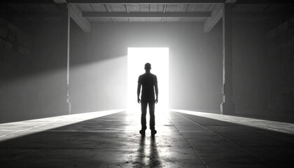 Obraz premium Man in light doorway with hopeful concept.