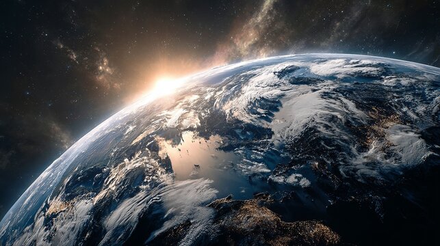 Stunning sunrise view of Earth from space, showing oceans, continents, clouds, and the glow of city lights at night