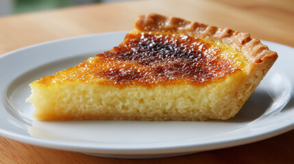 白い皿に盛られた焼き色のついた表面が艶やかなカスタードタルトの一切れ
