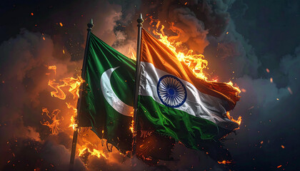 Fiery conflict concept with Pakistan and India national flags burning in dramatic blaze, symbolizing geopolitical tension and international dispute resolution