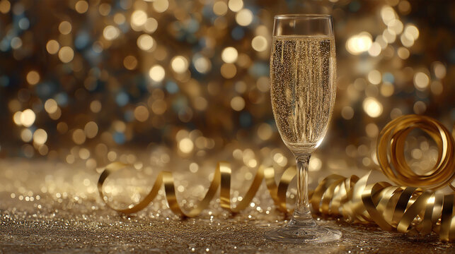 A close-up shot of a glass of champagne with golden ribbon. This photo shows the beauty of festive events and conveys celebration and joy.