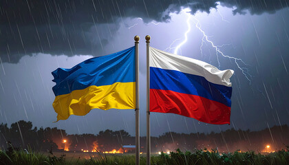 Stormy weather over Ukraine and Russia flags evokes tension and uncertainty, a visual metaphor for geopolitical conflict and international relations
