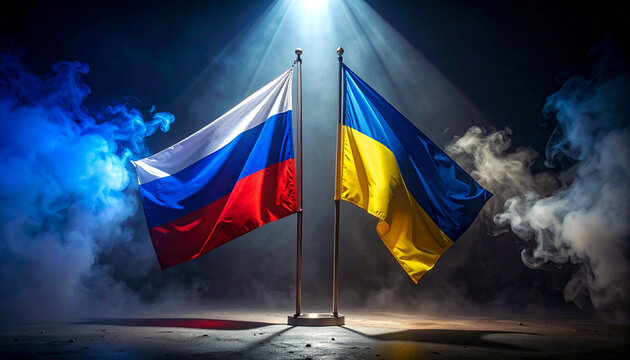 Russia and Ukraine national flags flutter dramatically amidst rising smoke, symbolizing tensions and geopolitical conflict on a global stage now
